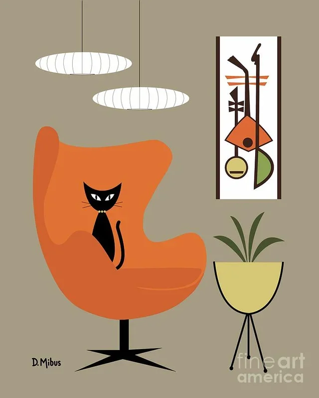 Black Cat in Orange Egg Chair