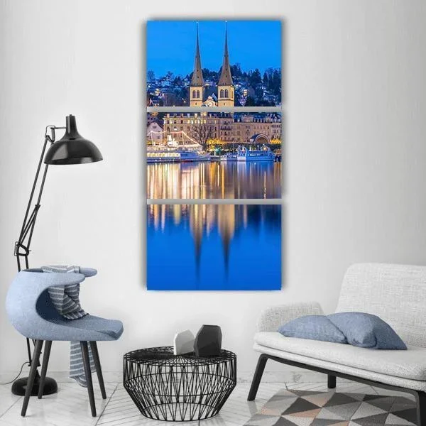 River Reuss With Saint Leodegar In Luzern Vertical Canvas Wall Art