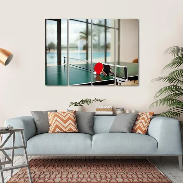 Two Table Tennis Or Rackets And Balls On A Green Table With Net Canvas Wall Art
