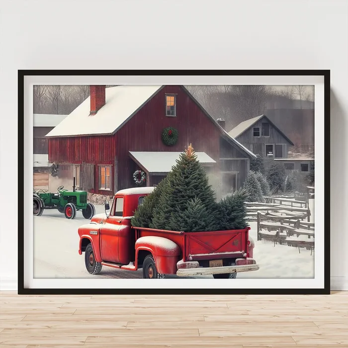 Yuletide Harmony Embracing Winter Warmth at the Cabin with Red Truck and Green Tractor AI Art Print