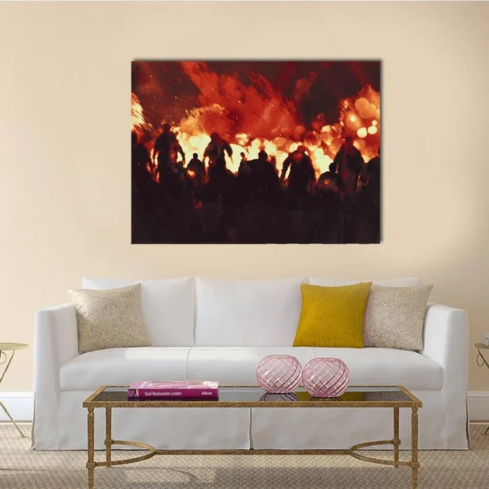 Zombies Walking Through Flames Canvas Wall Art